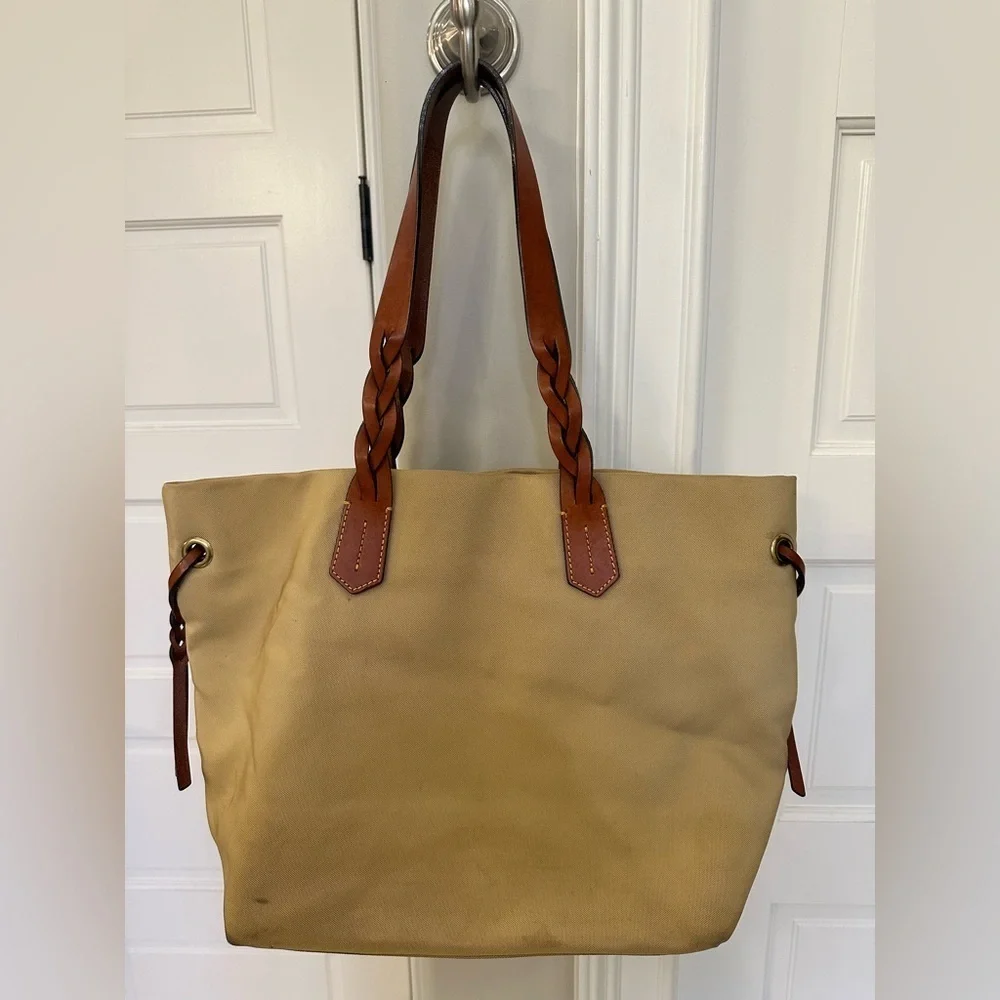 Vintage Dooney & Bourke Large Shopper Tote Bag Purse Tan Canvas Brown Leather